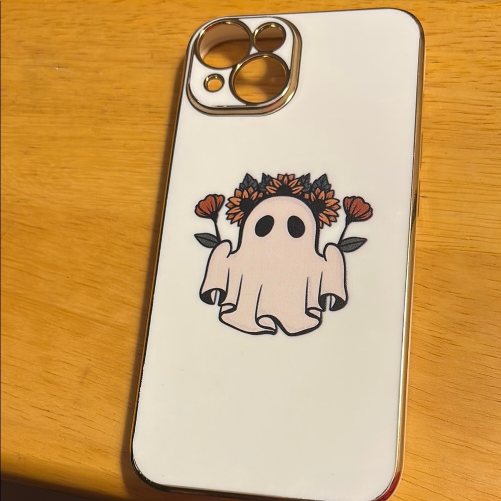 Whimsical Ghost Cream Phone Case with Floral Design